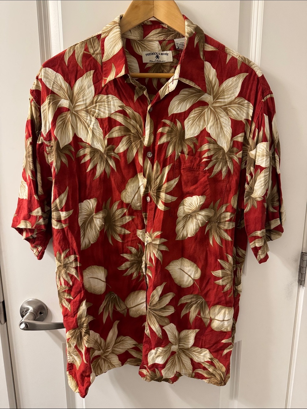 Red/burgundy and Cream Tropical Floral Button Down Short Sleeve Collar Shirt